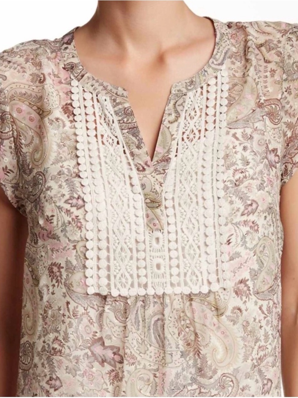Daniel Rainn Pastel Paisley Crochet Lace V-Neck Peasant Blouse Small - Picture 3 of 6